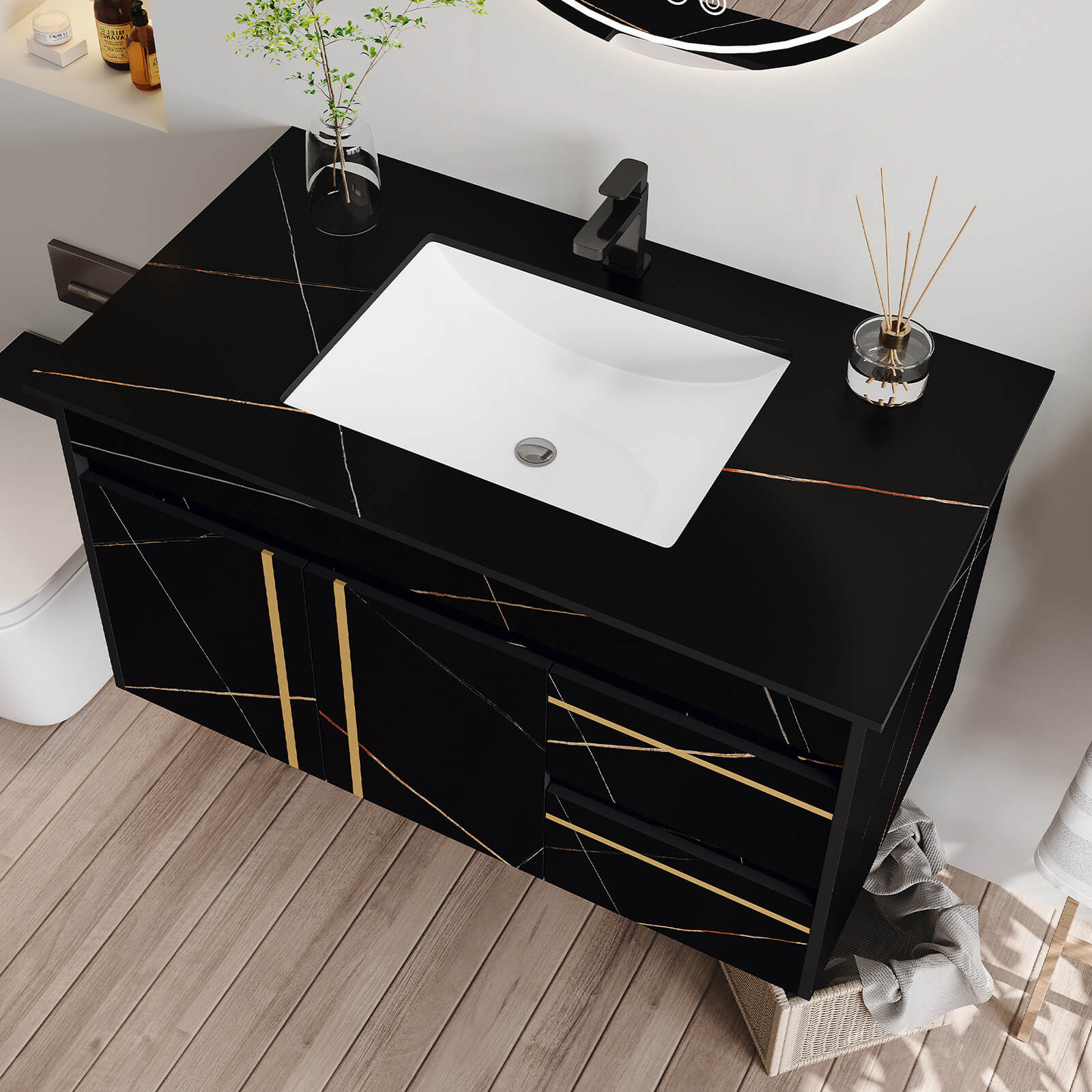36" Floating Bathroom Vanity with Black Marble Countertop and Sink - Image 7