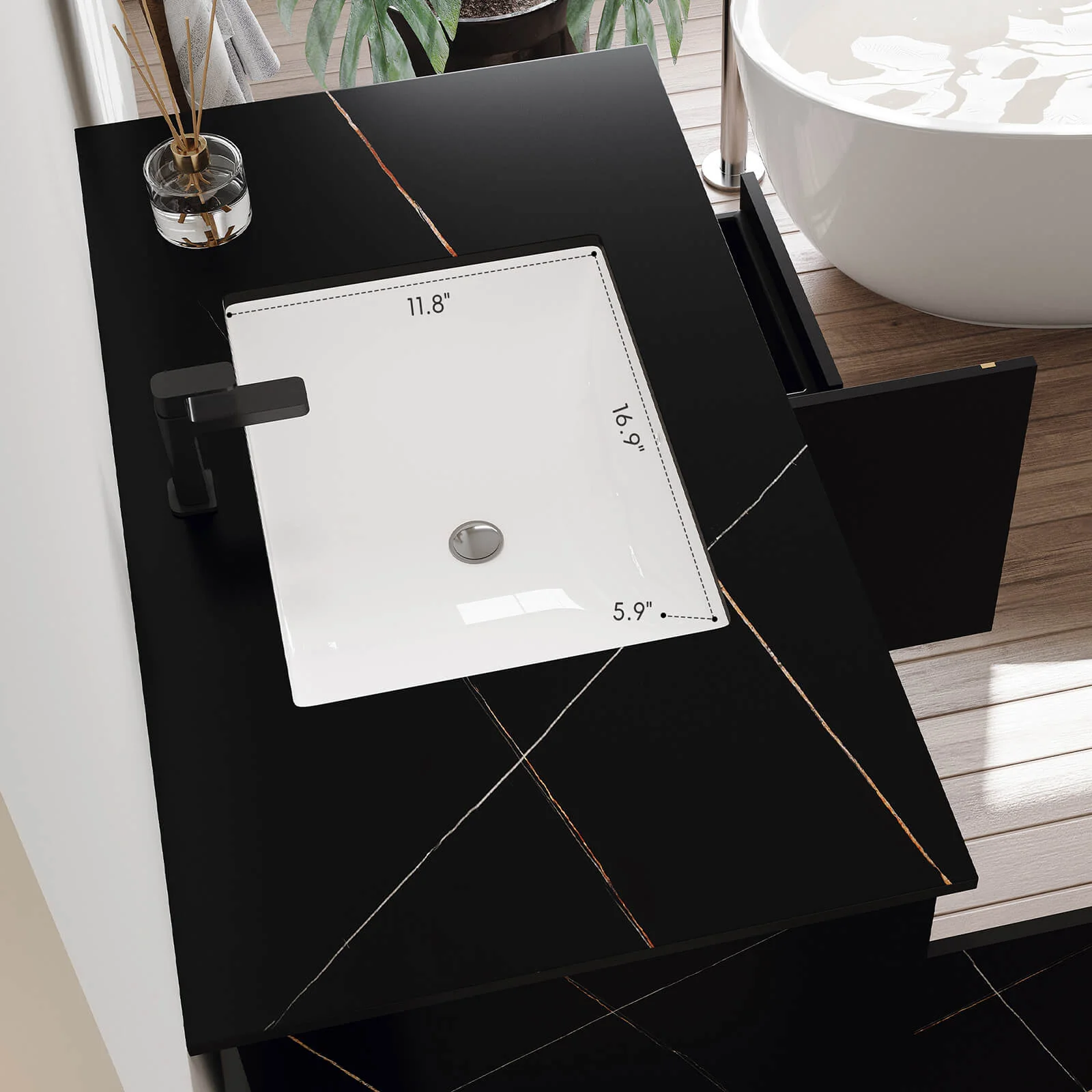 36" Floating Bathroom Vanity with Black Marble Countertop and Sink - Image 8