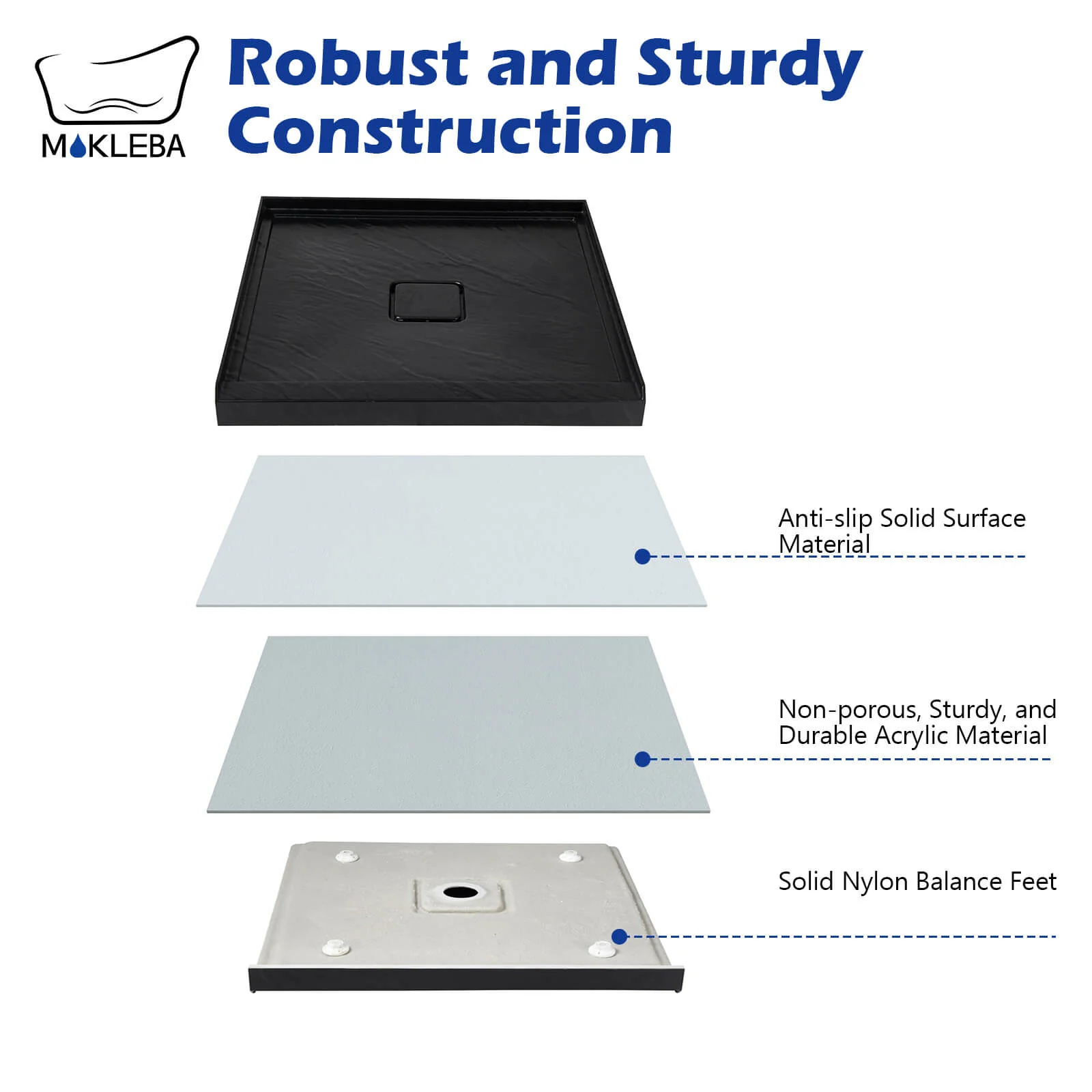 Mokleba 36" x 36" Black Acrylic Shower Base with Center Drain - Image 4