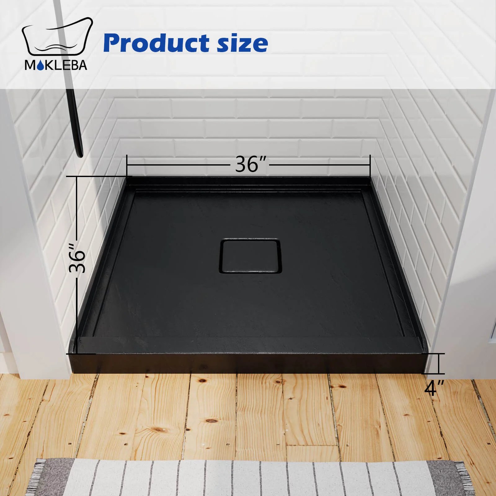 Mokleba 36" x 36" Black Acrylic Shower Base with Center Drain - Image 8