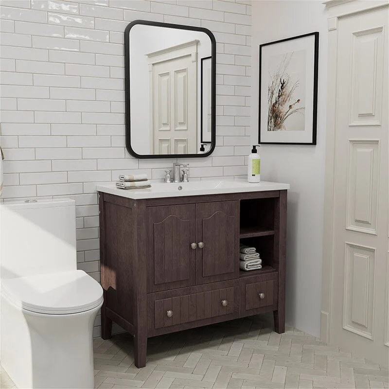 36" Brown Bathroom Vanity with Ceramic Basin - Image 3