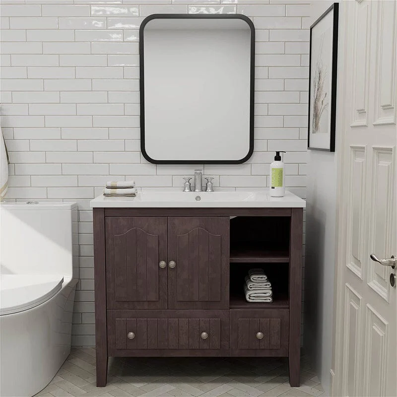 36" Brown Bathroom Vanity with Ceramic Basin - Image 4