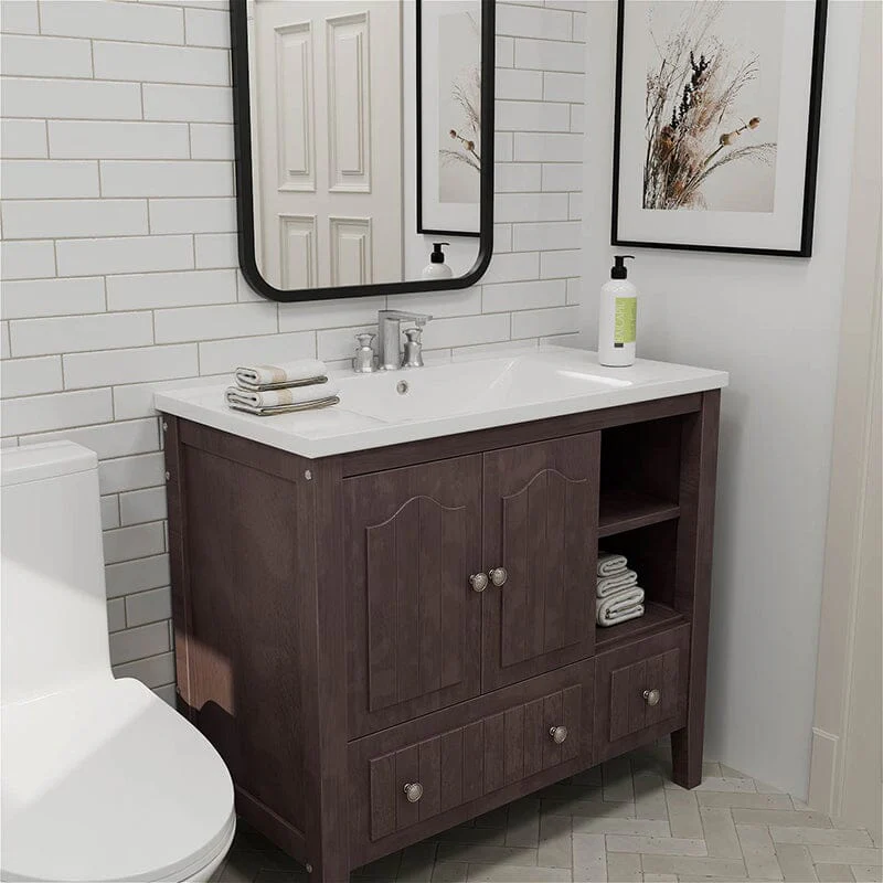 36" Brown Bathroom Vanity with Ceramic Basin - Image 5