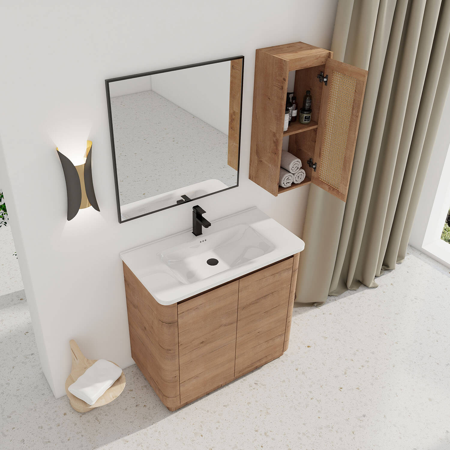 36" Freestanding Bathroom Vanity with White Ceramic Sink and 12" Wall-Mounted Cabinet - Image 3
