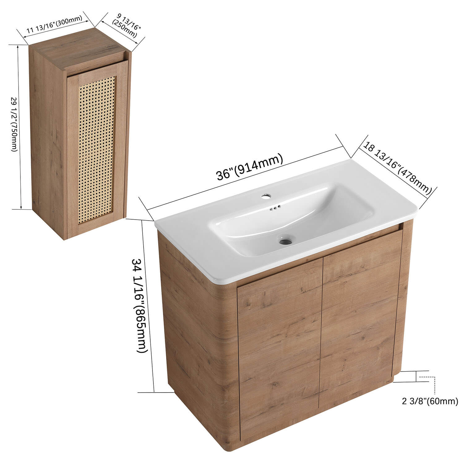 36" Freestanding Bathroom Vanity with White Ceramic Sink and 12" Wall-Mounted Cabinet - Image 4
