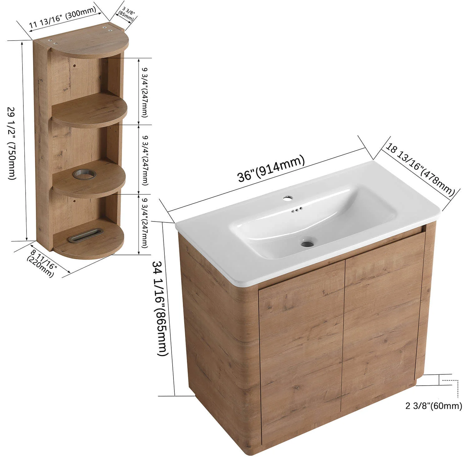 36" Freestanding Bathroom Vanity with White Ceramic Sink and 12" Wall Storage Cabinet - Image 4
