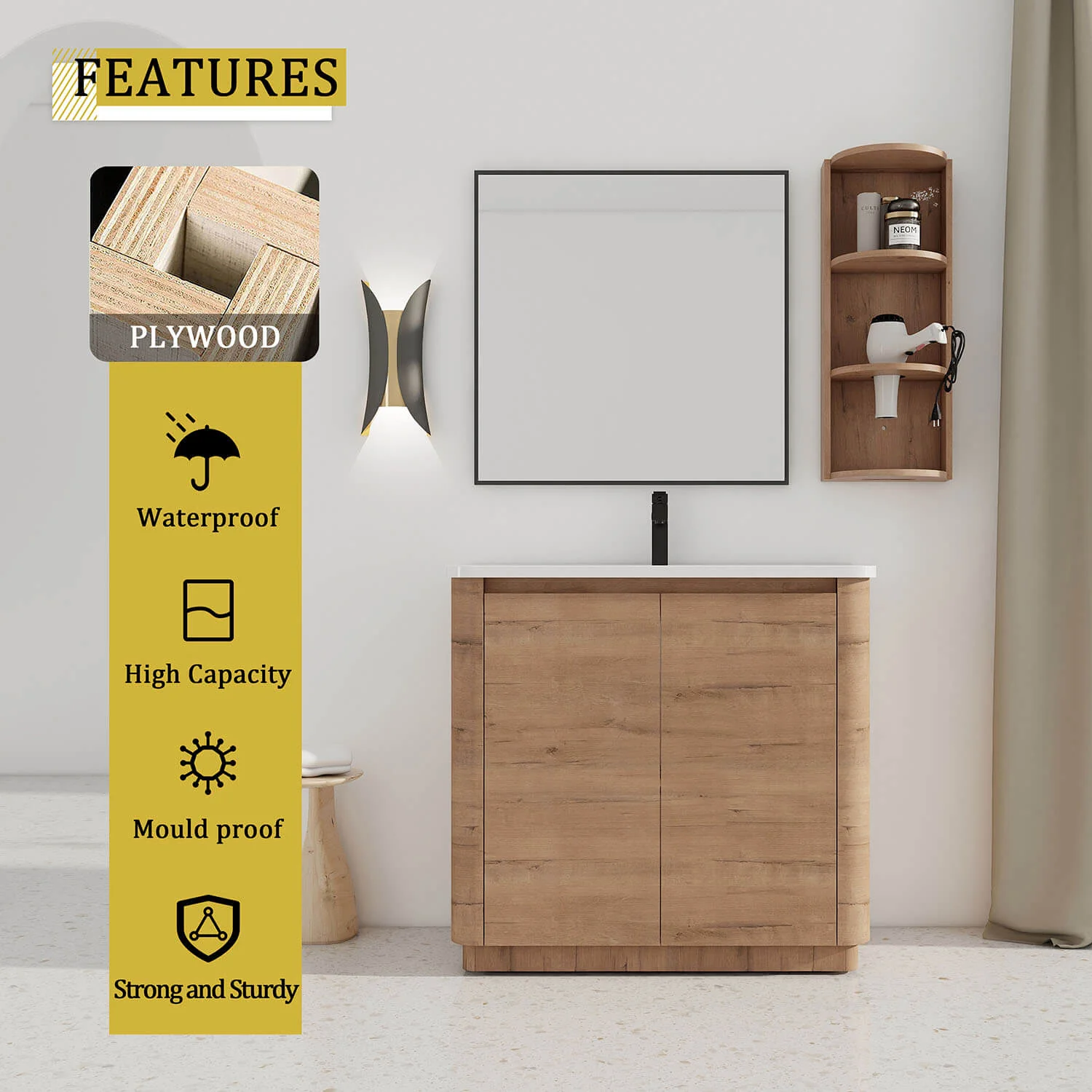 36" Freestanding Bathroom Vanity with White Ceramic Sink and 12" Wall Storage Cabinet - Image 9