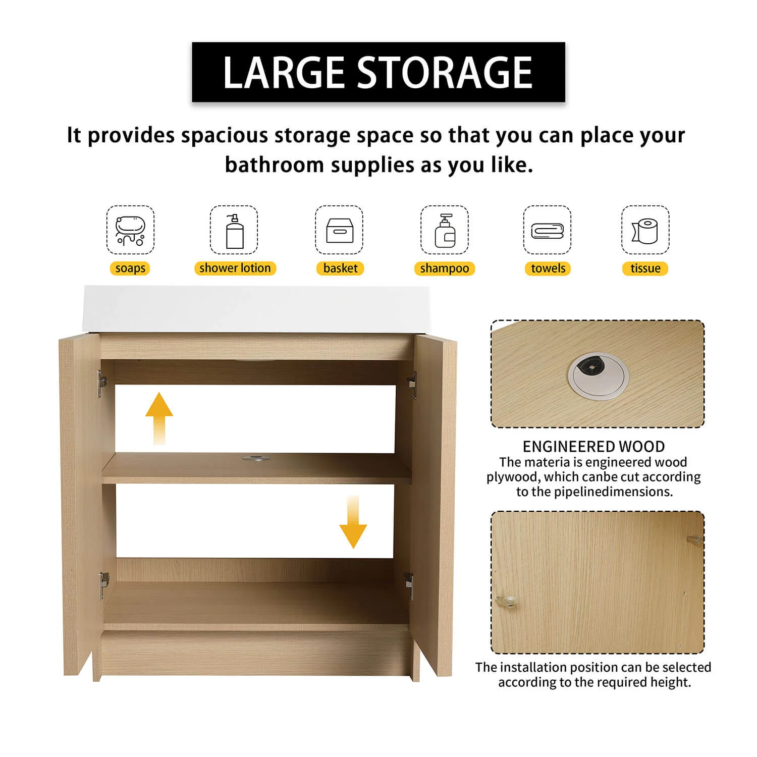 30" White Oak Bathroom Vanity with Resin Sink and Soft Close Cabinet Doors - Image 8