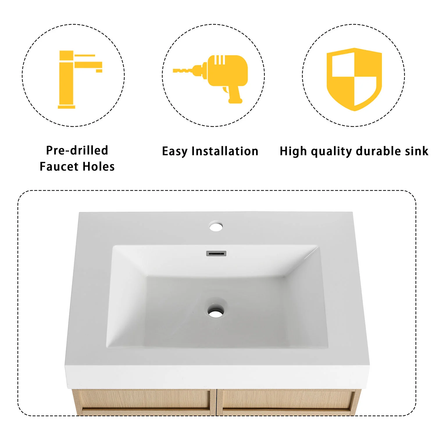 30" White Oak Bathroom Vanity with Resin Sink and Soft Close Cabinet Doors - Image 9