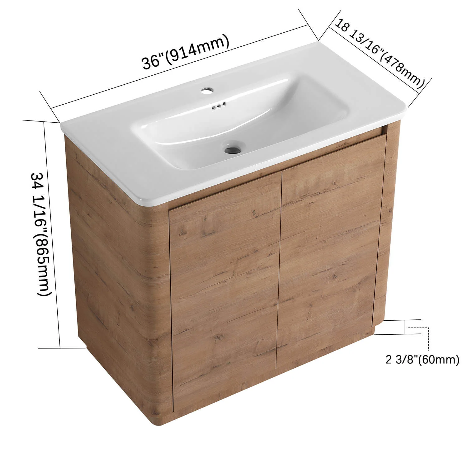 36" White Oak Freestanding Bathroom Vanity with White Ceramic Sink - Image 4