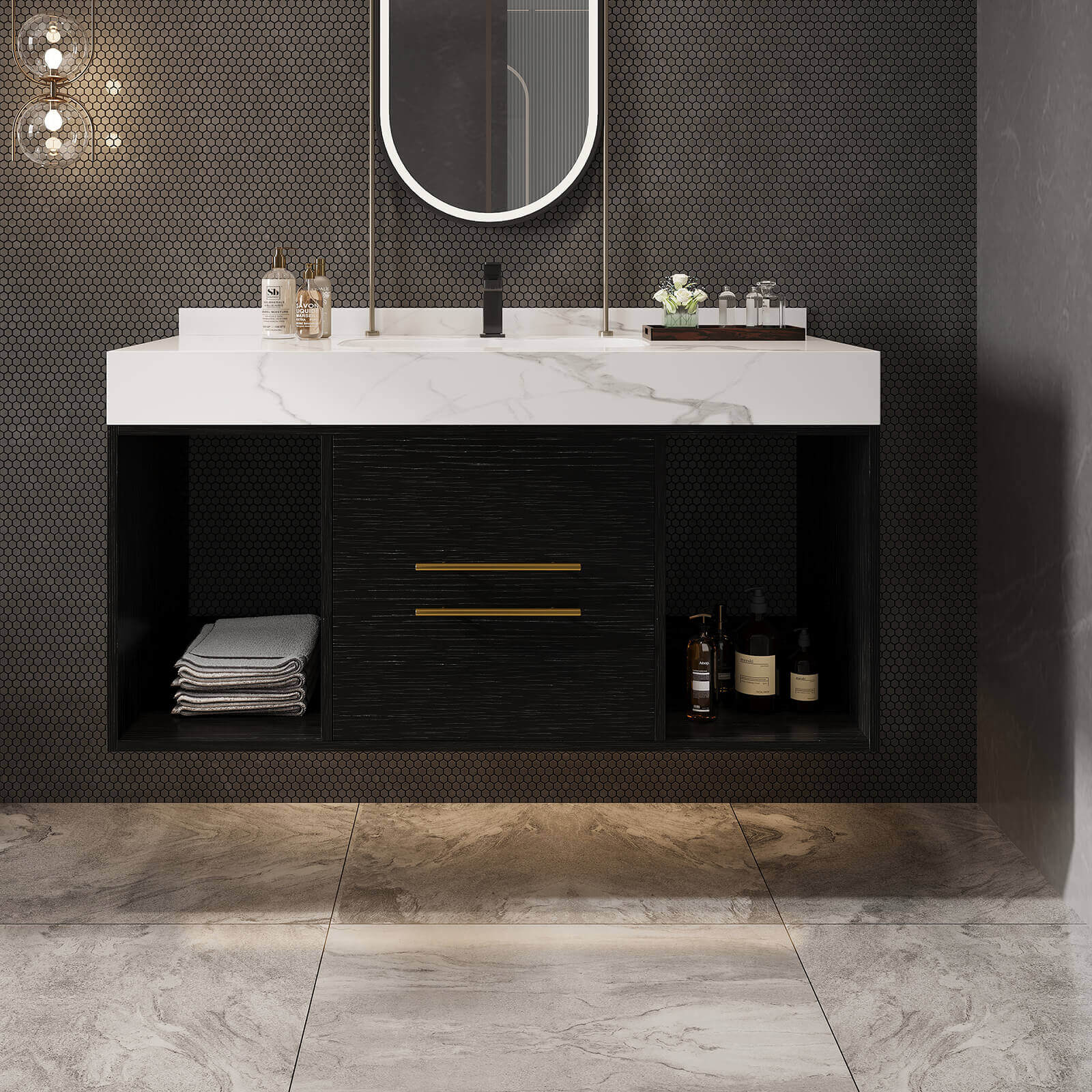 40" Black Solid Wood Wall Mounted Bathroom Vanity with Marble Countertops and Backsplash - Image 3