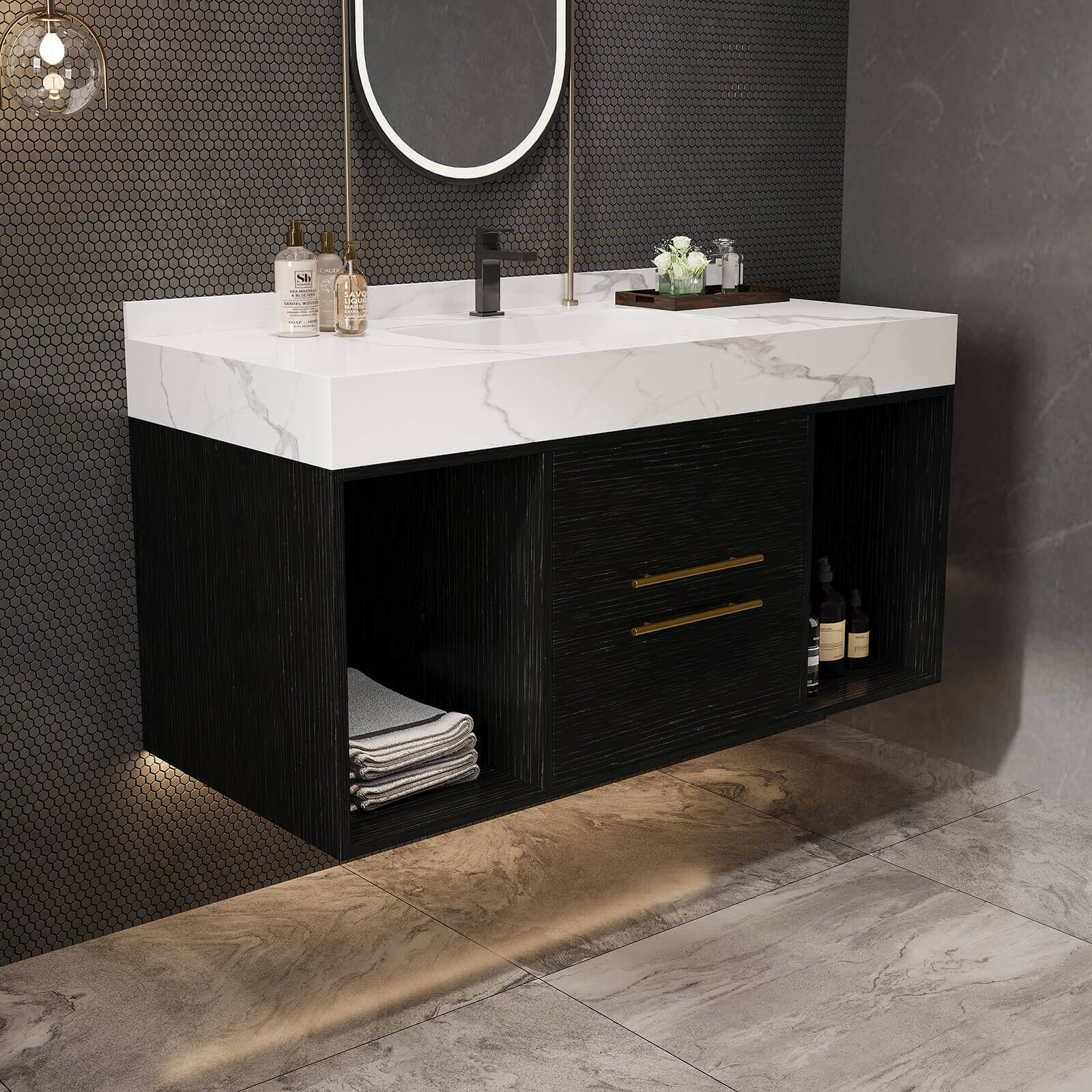 40" Black Solid Wood Wall Mounted Bathroom Vanity with Marble Countertops and Backsplash - Image 4
