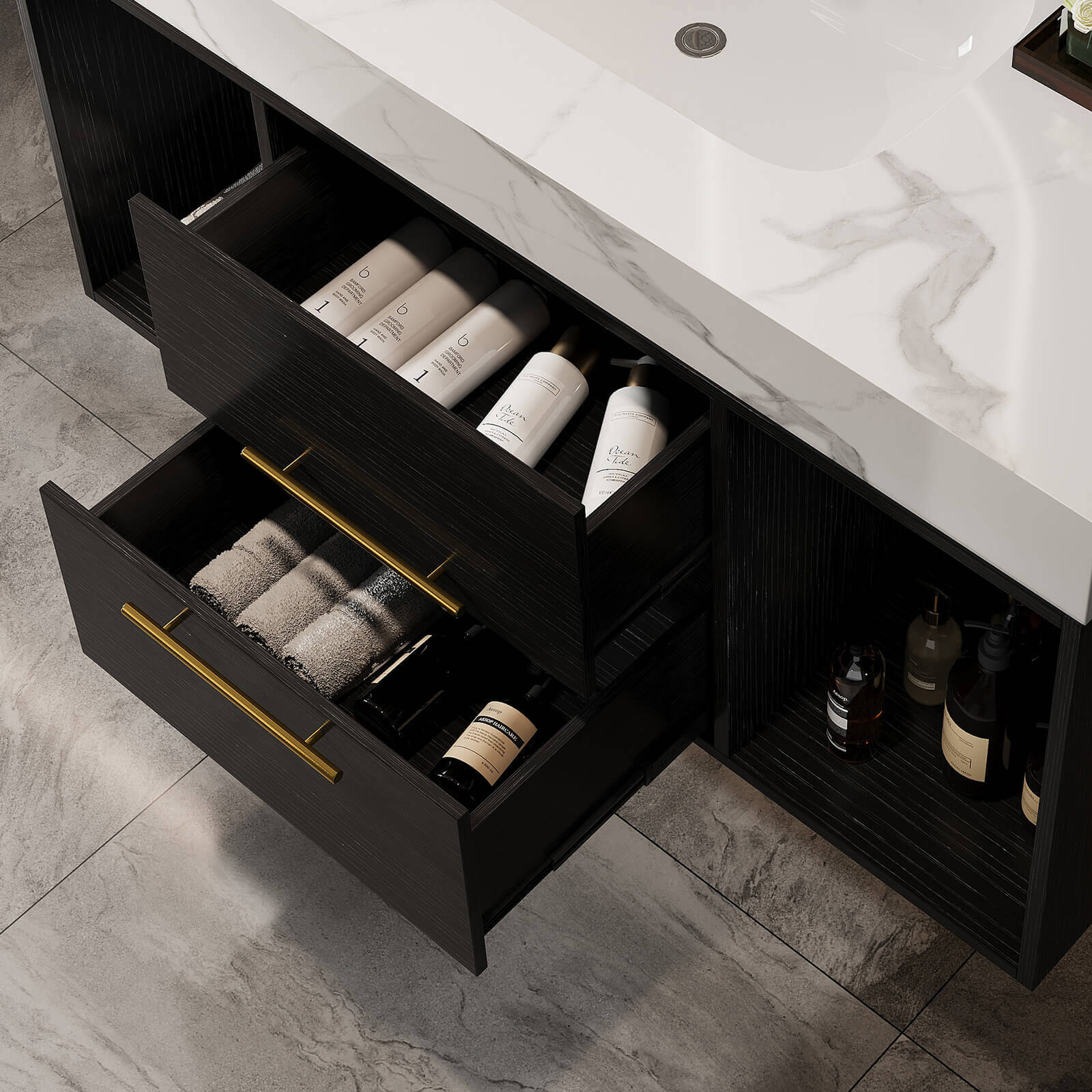 40" Black Solid Wood Wall Mounted Bathroom Vanity with Marble Countertops and Backsplash - Image 6