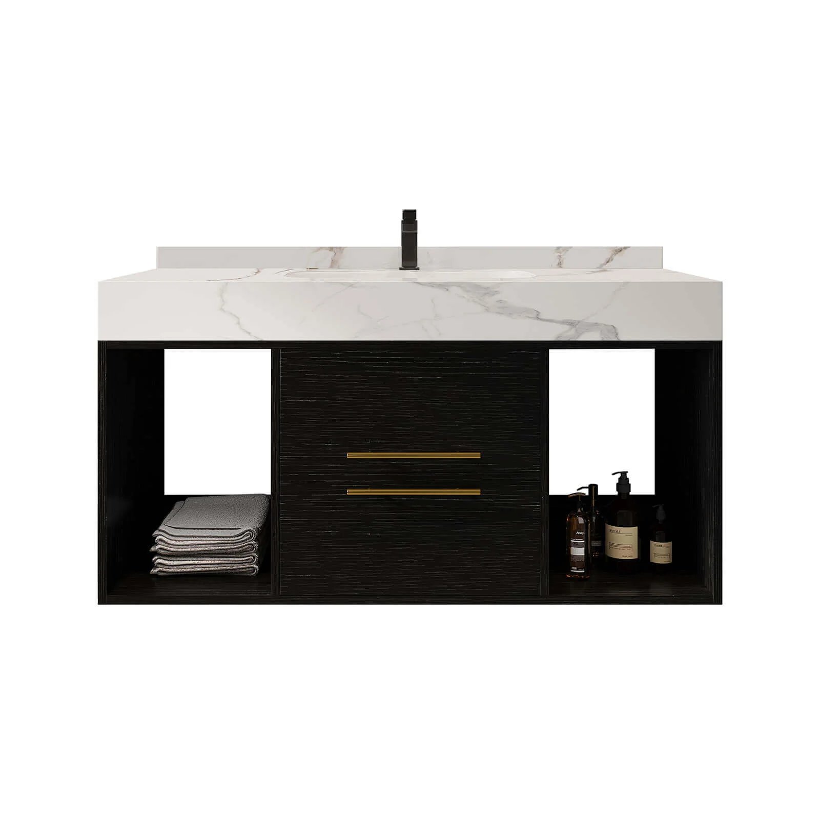 40" Black Solid Wood Wall Mounted Bathroom Vanity with Marble Countertops and Backsplash - Image 8