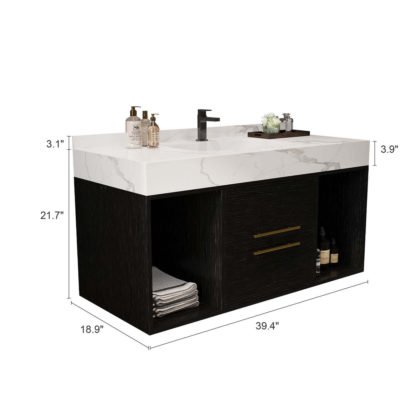 40" Black Solid Wood Wall Mounted Bathroom Vanity with Marble Countertops and Backsplash - Image 9