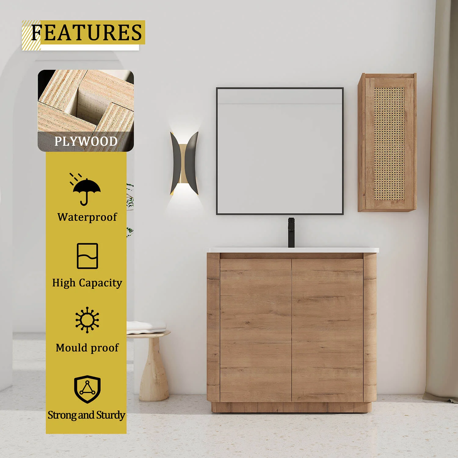 36" Freestanding Bathroom Vanity with White Ceramic Sink and 12" Wall-Mounted Cabinet - Image 9