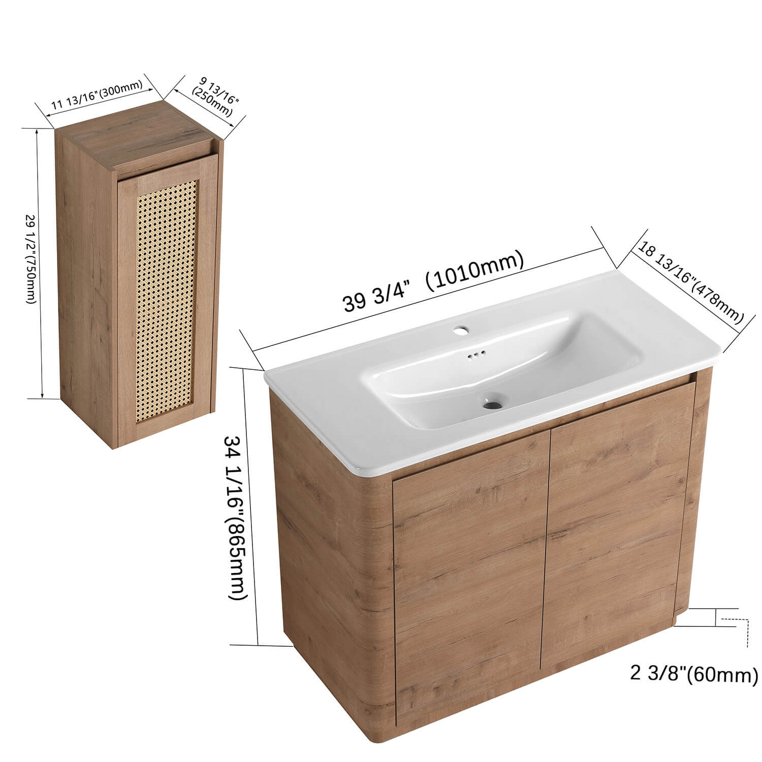 40" Freestanding Bathroom Vanity with White Ceramic Sink and 12" Wall-Mounted Cabinet - Image 4