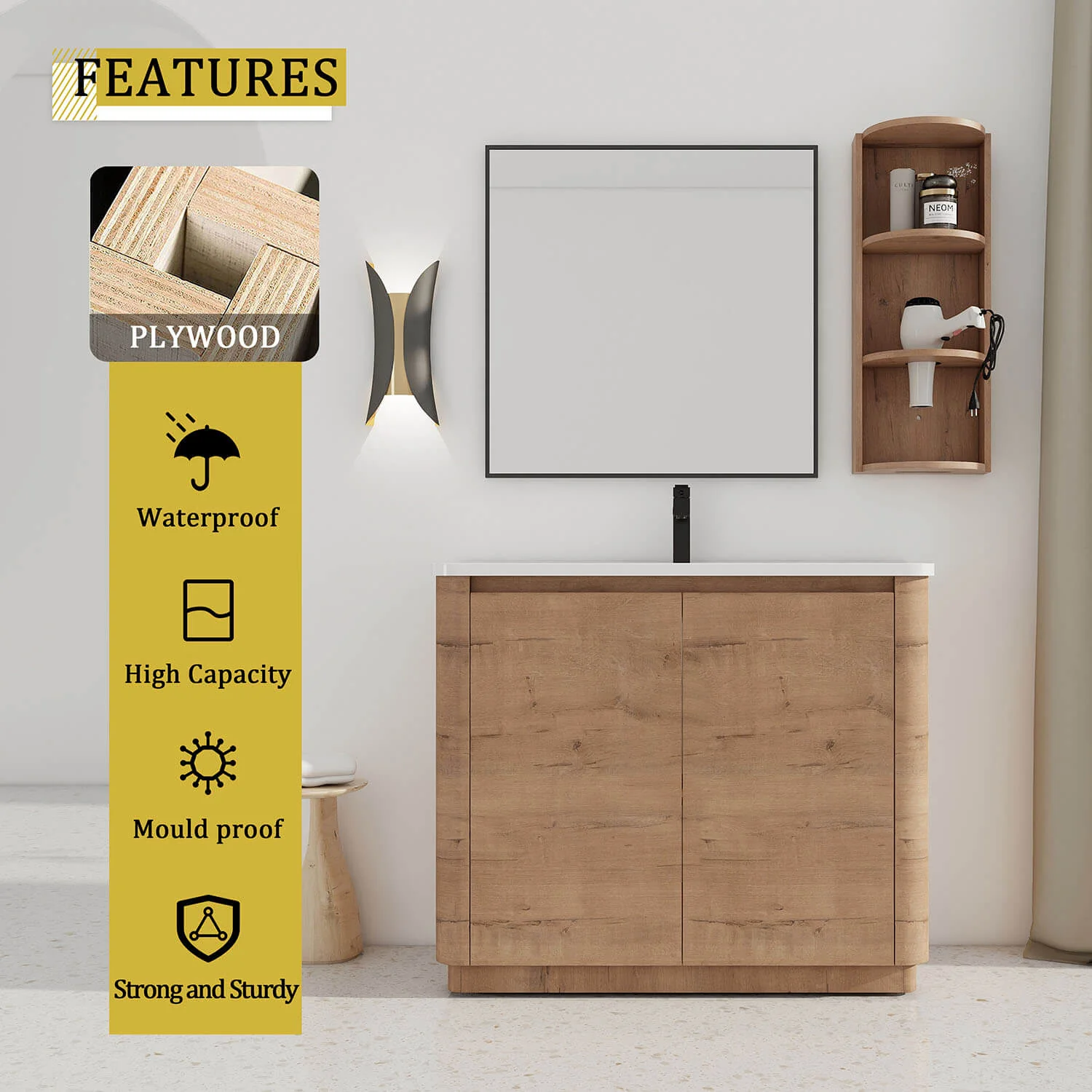 40" Freestanding Bathroom Vanity with White Ceramic Sink and 12" Wall Storage Cabinet - Image 10