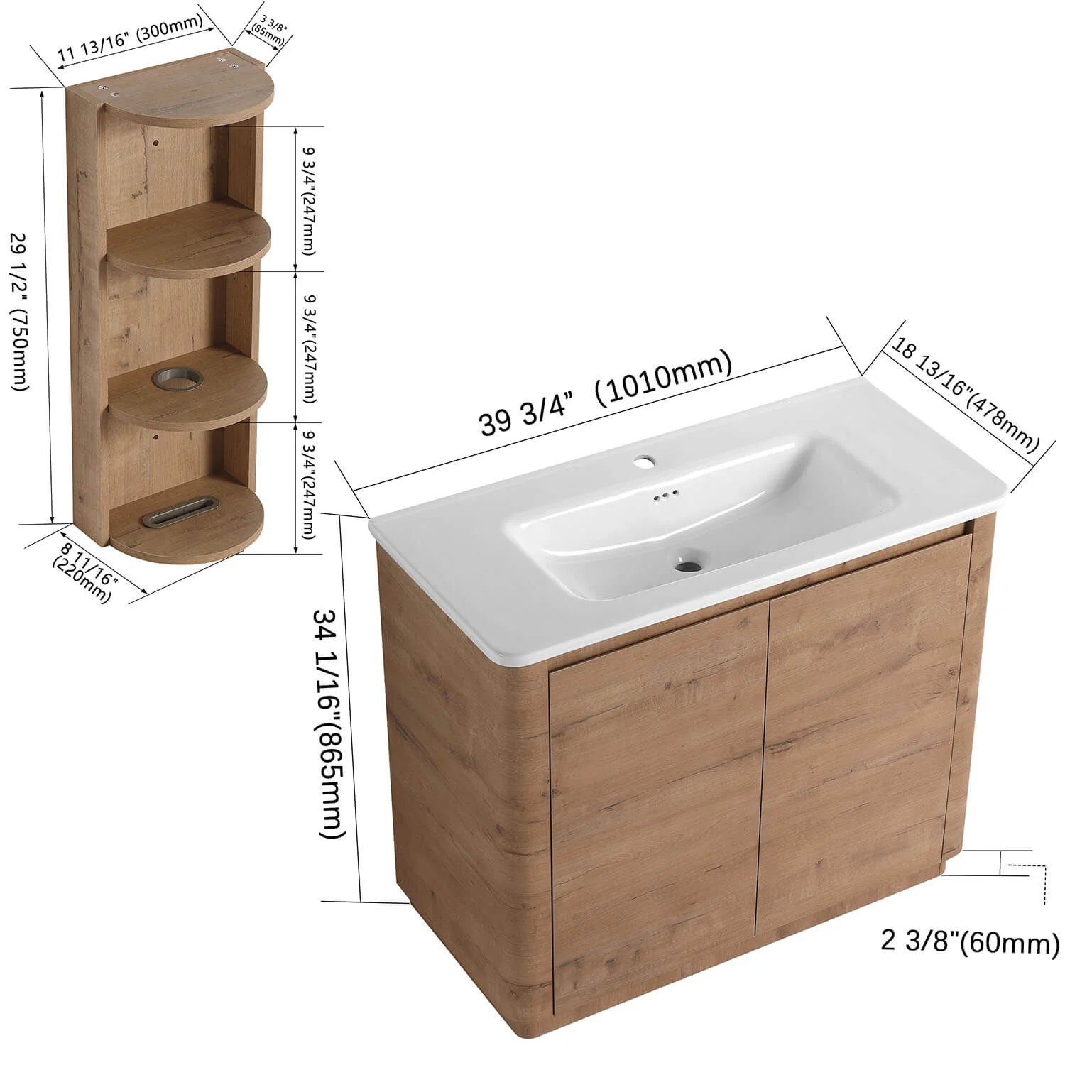 40" Freestanding Bathroom Vanity with White Ceramic Sink and 12" Wall Storage Cabinet - Image 4