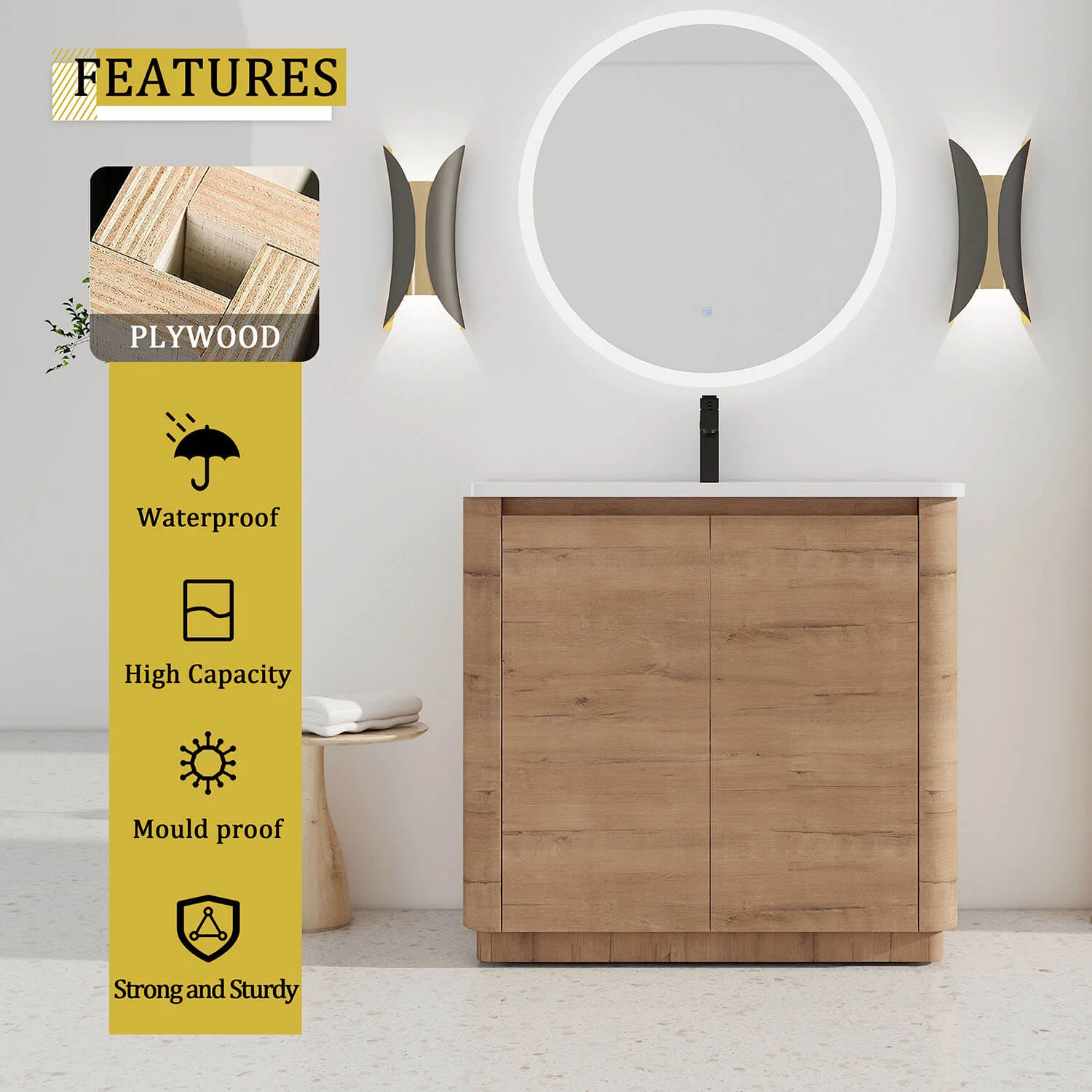 40" White Oak Freestanding Bathroom Vanity with White Ceramic Sink - Image 8