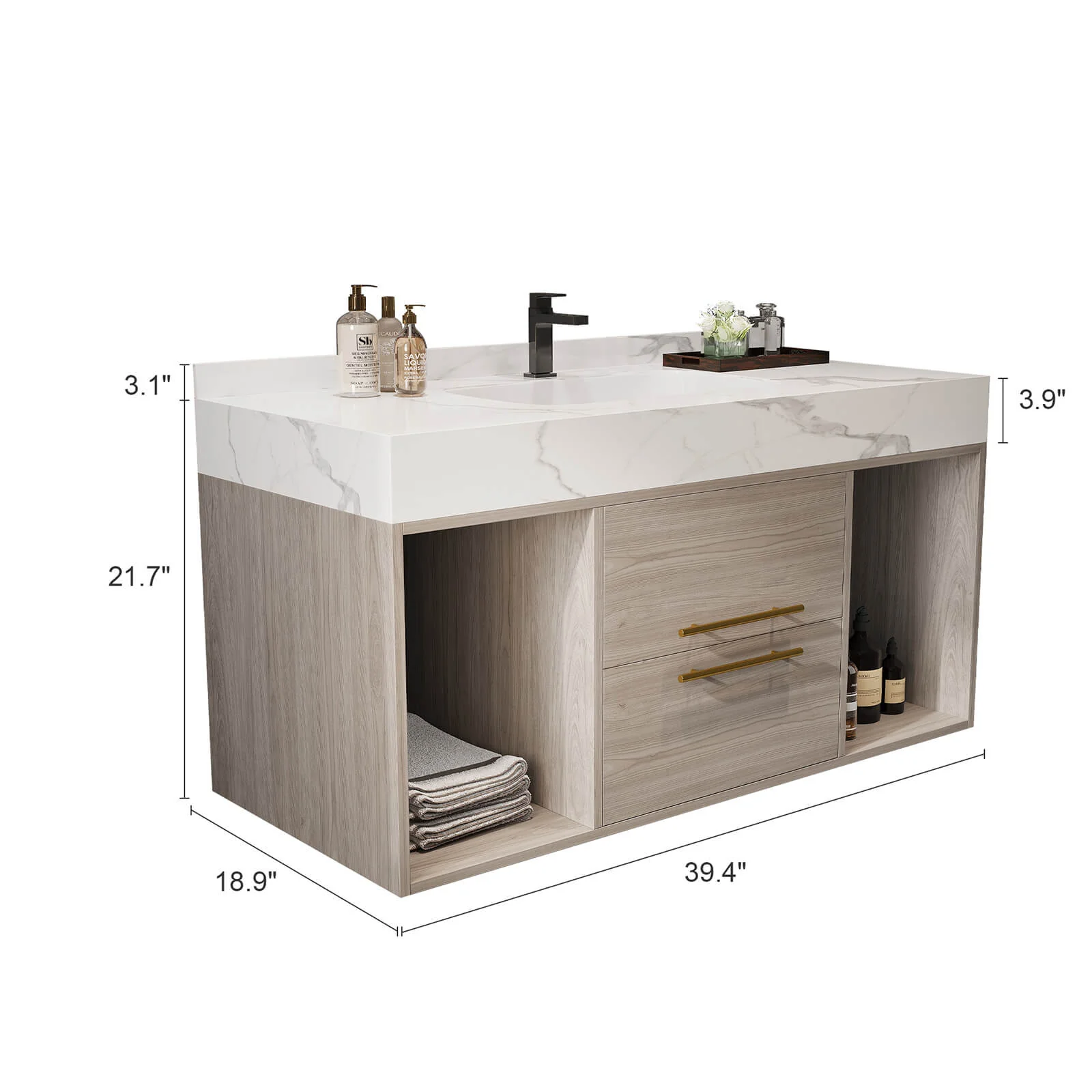 40" White Oak Wall Mounted Vanity with Backsplash - Image 9