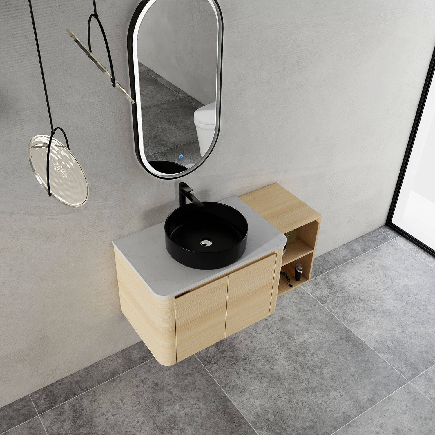 42" White Oak Bathroom Vanity with Black Ceramic Vessel Sink and Open Shelves - Image 3