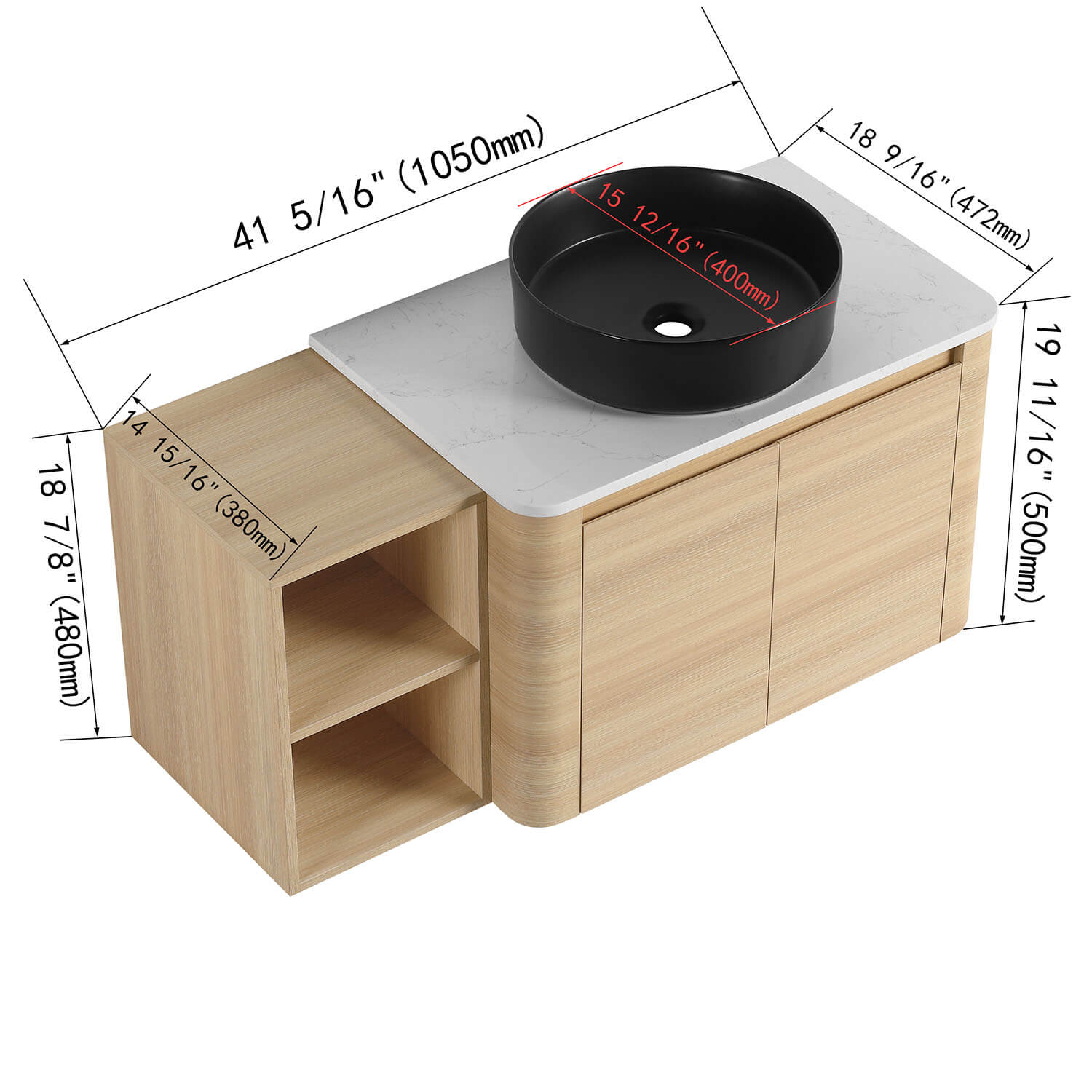 42" White Oak Bathroom Vanity with Black Ceramic Vessel Sink and Open Shelves - Image 4