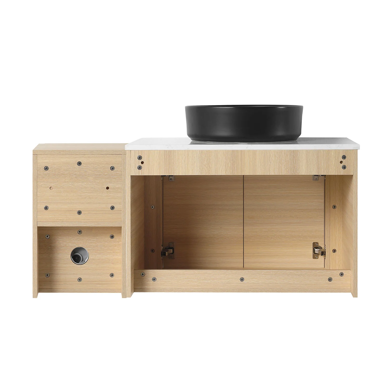 42" White Oak Bathroom Vanity with Black Ceramic Vessel Sink and Open Shelves - Image 6