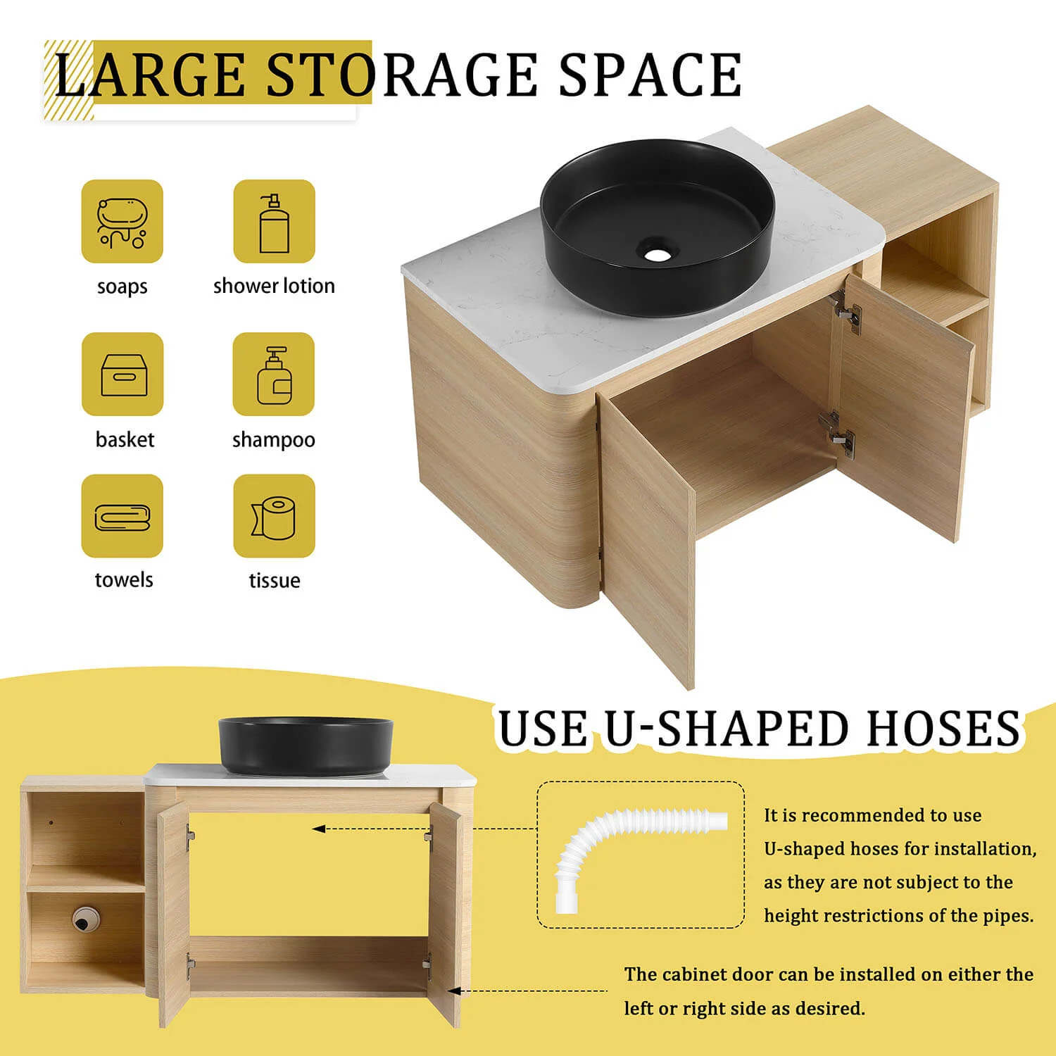 42" White Oak Bathroom Vanity with Black Ceramic Vessel Sink and Open Shelves - Image 8