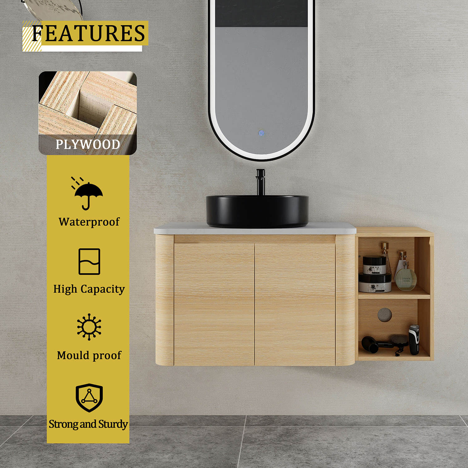 42" White Oak Bathroom Vanity with Black Ceramic Vessel Sink and Open Shelves - Image 9