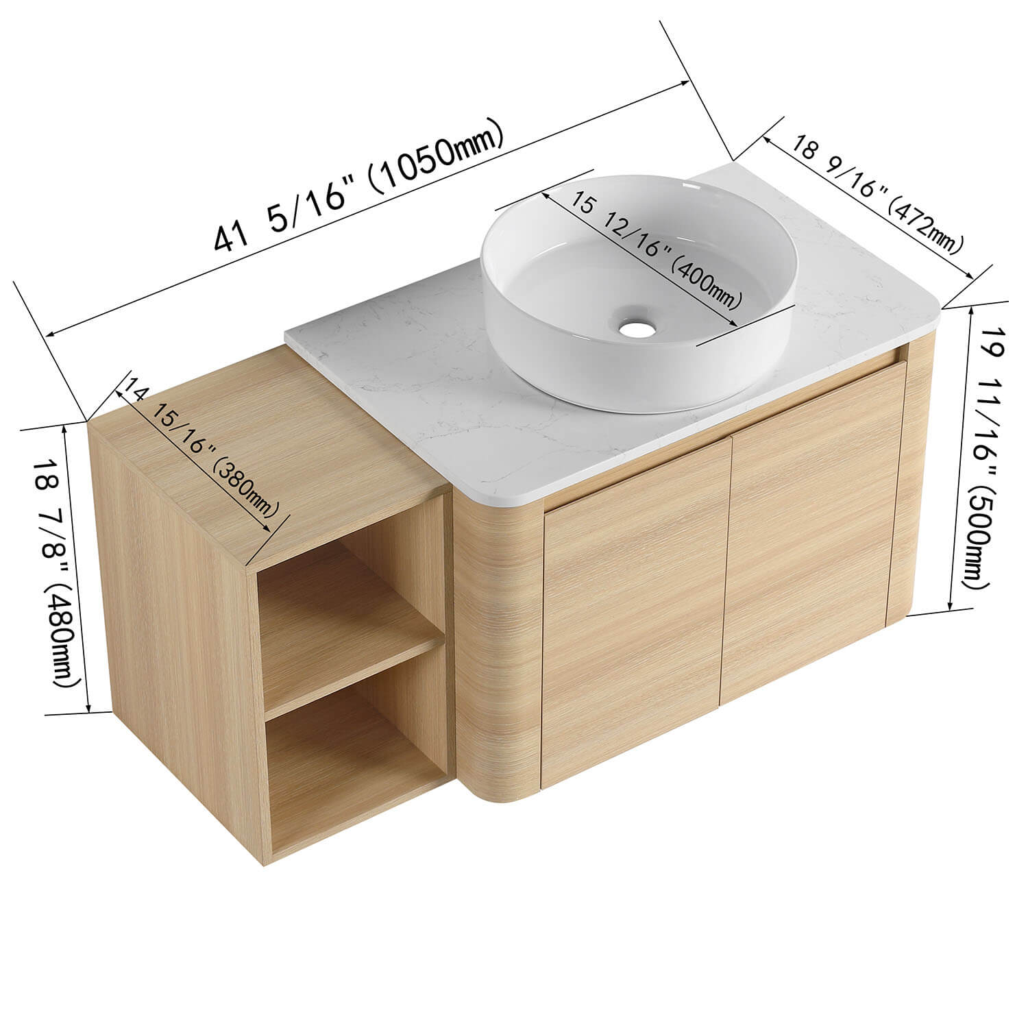 42" White Oak Bathroom Vanity with White Ceramic Vessel Sink and Open Shelves - Image 4