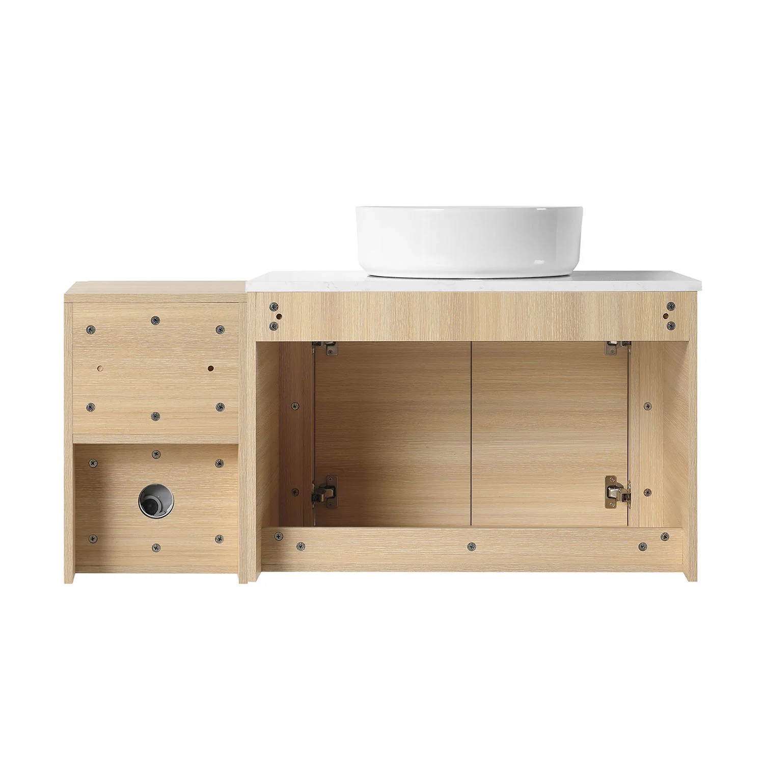 42" White Oak Bathroom Vanity with White Ceramic Vessel Sink and Open Shelves - Image 5