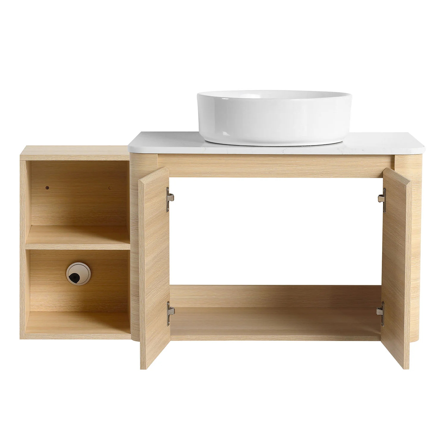 42" White Oak Bathroom Vanity with White Ceramic Vessel Sink and Open Shelves - Image 6
