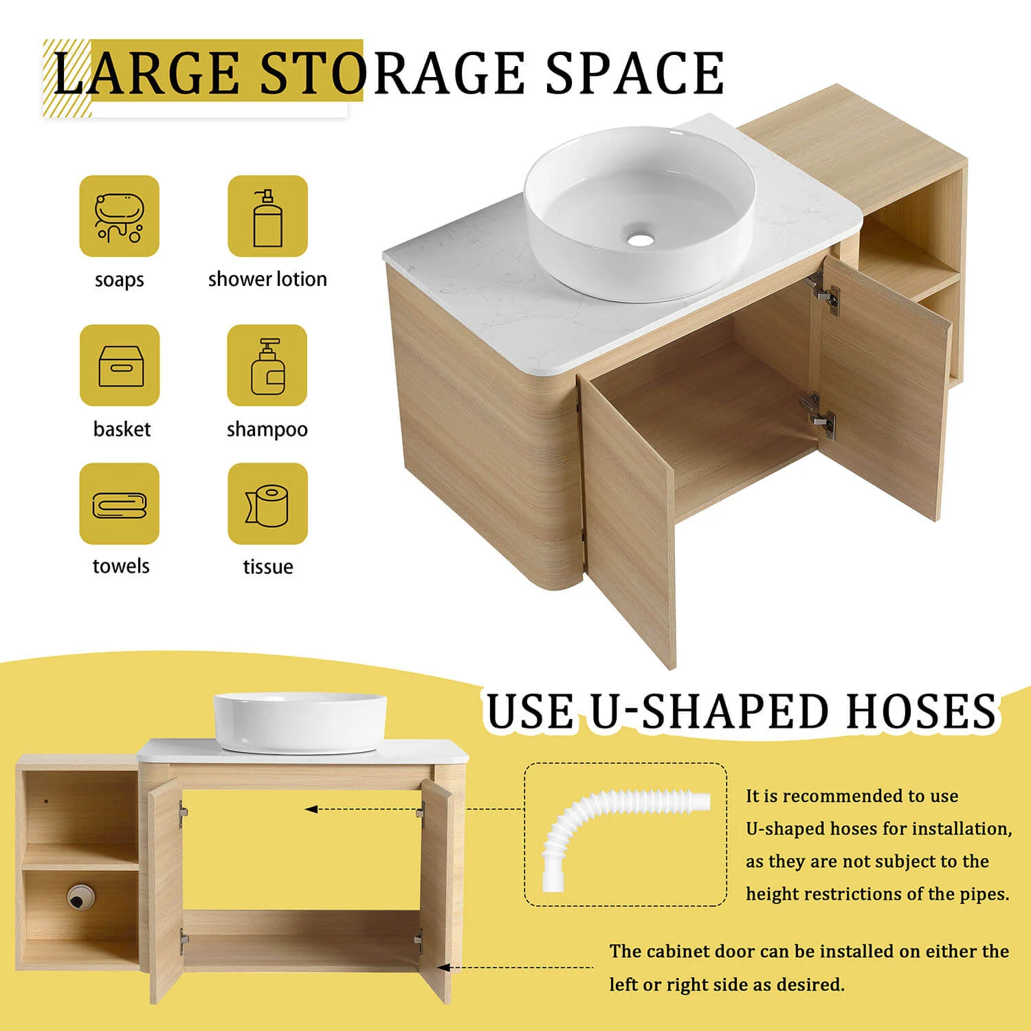 42" White Oak Bathroom Vanity with White Ceramic Vessel Sink and Open Shelves - Image 8