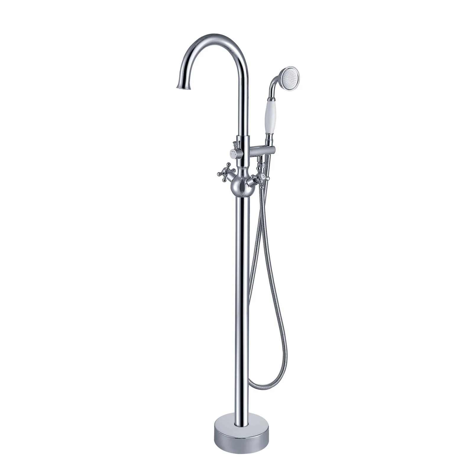 45" Chrome Independent Freestanding Tub Filler Faucet, Round Shower Head & Double Handles - Image 5