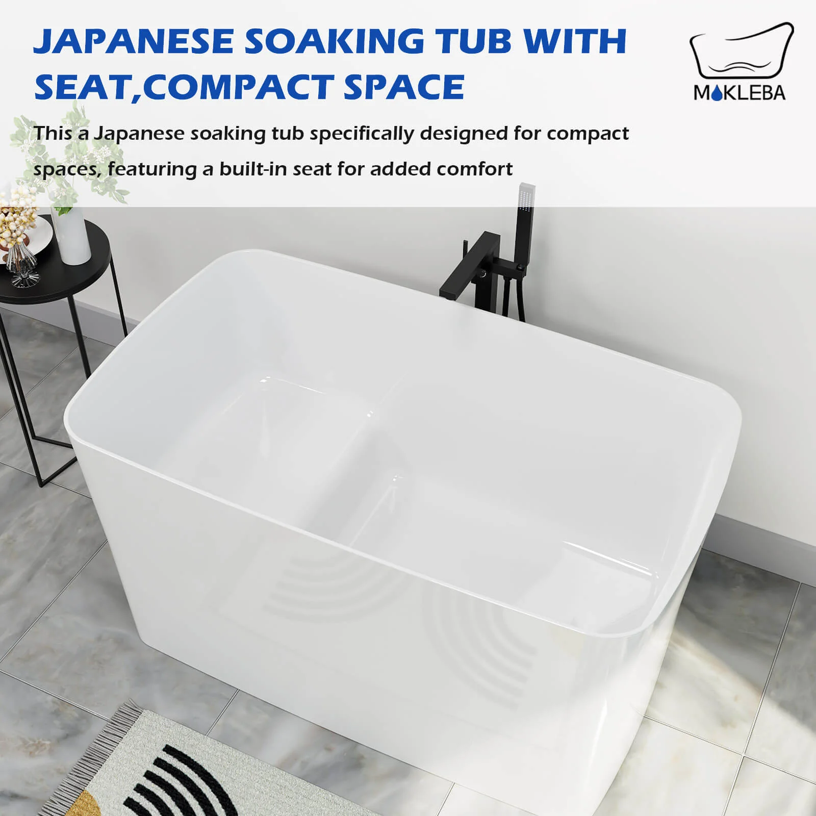 Mokleba 47" Acrylic Freestanding Japanese Soaking Bathtub with Built-in Seat Glossy White - Image 6