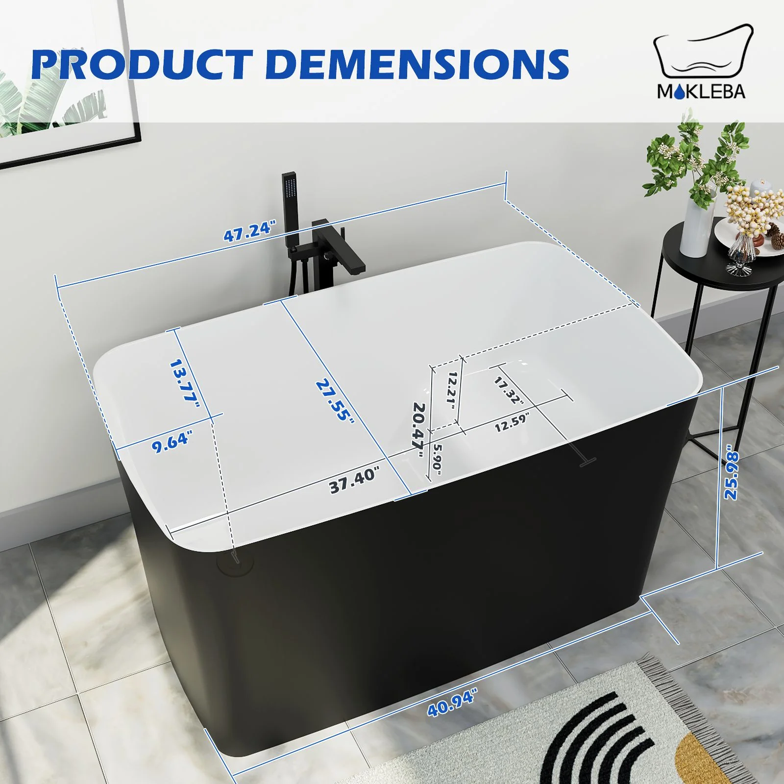 Mokleba 47'' Acrylic Freestanding Japanese Soaking Bathtub with Built-in Seat Matte Black - Image 10