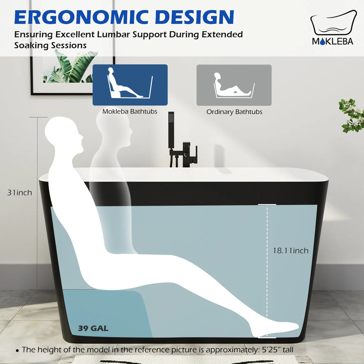 Mokleba 47'' Acrylic Freestanding Japanese Soaking Bathtub with Built-in Seat Matte Black - Image 6