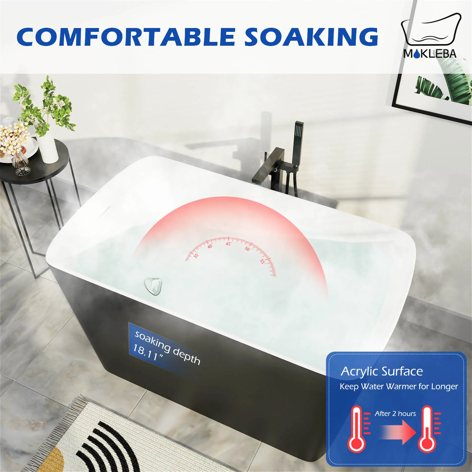 Mokleba 47'' Acrylic Freestanding Japanese Soaking Bathtub with Built-in Seat Matte Black - Image 8