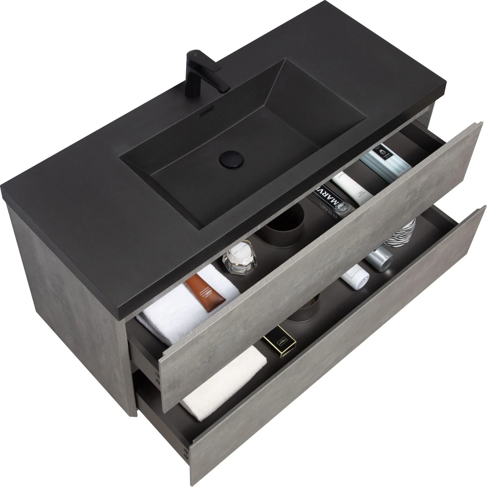 48" Ash Gray Wall-Mounted Bathroom Vanity with Black Solid Surface Sink Top - Image 6