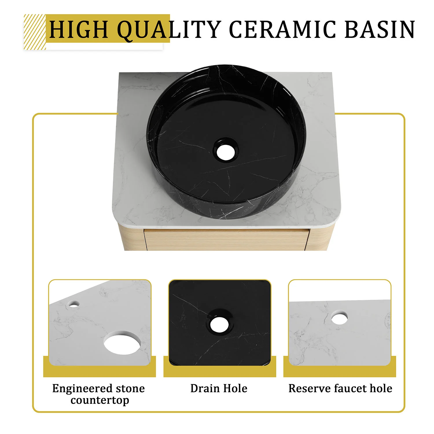 24" White Oak Bathroom Vanity with Black Marble Texture Ceramic Vessel Sink - Image 7