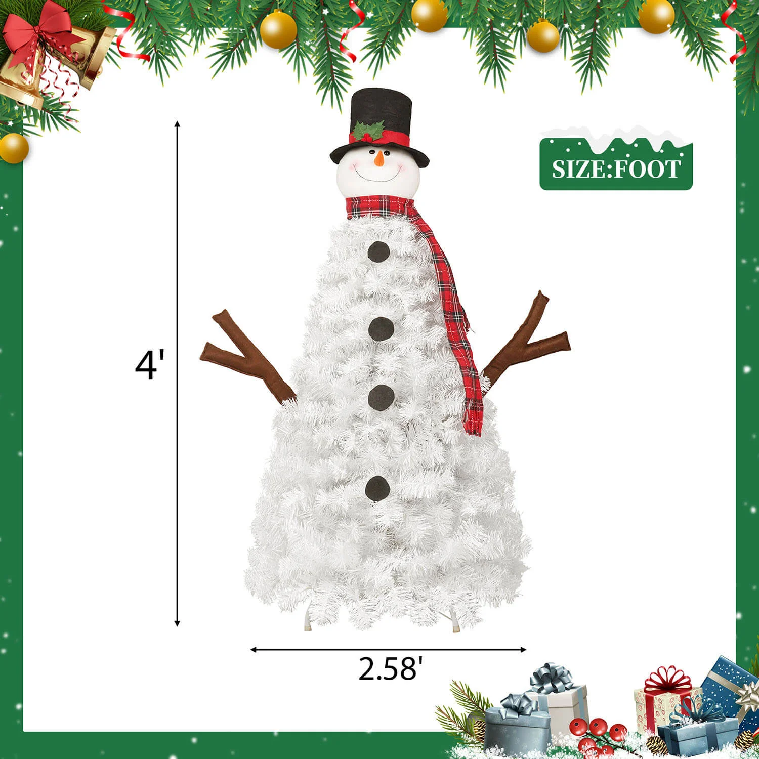 4FT Snowman Christmas Tree with Lights, Xmas Tree for Home Decorations - Image 5