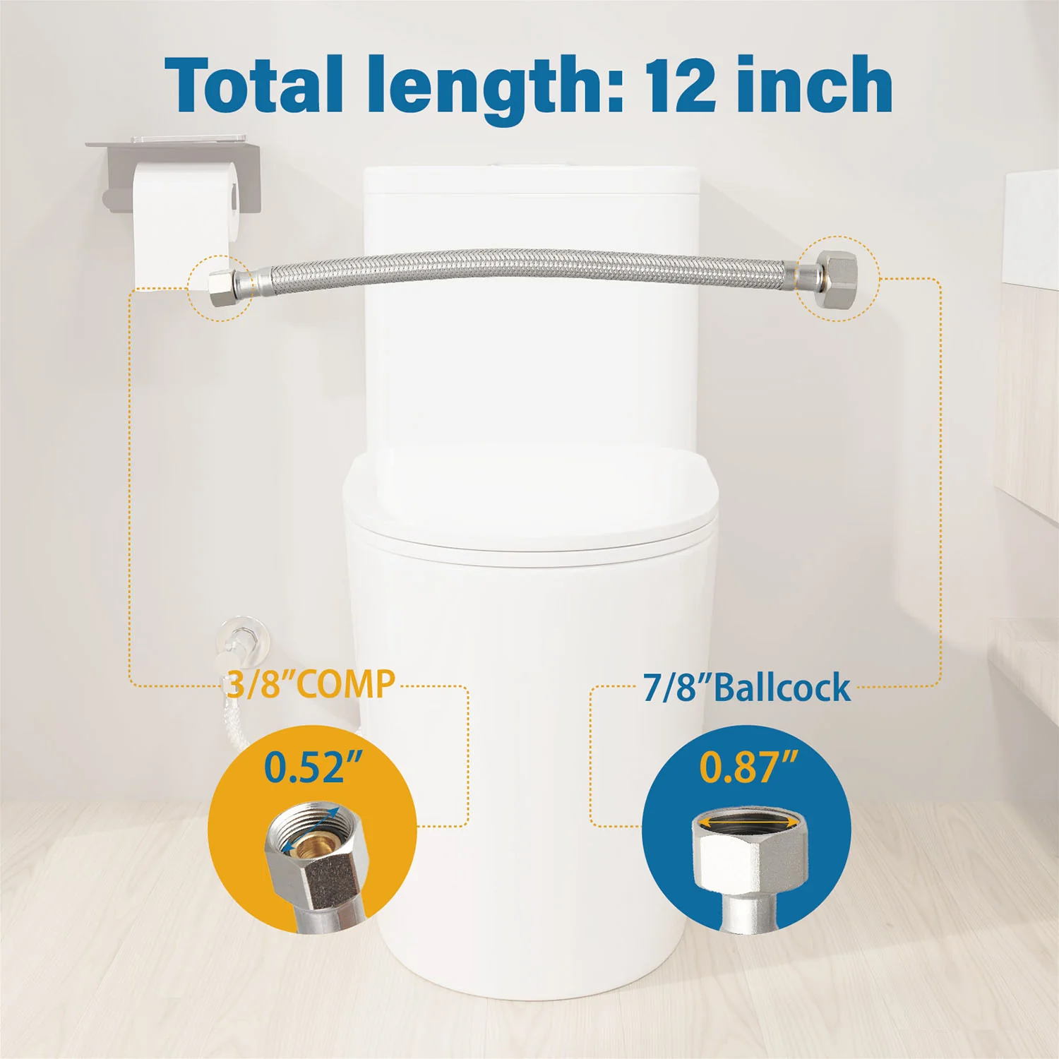 4PCS 12" Stainless Steel Toilet Water Supply Line with 3/8" & 7/8" Brass Nut Connectors - Image 6