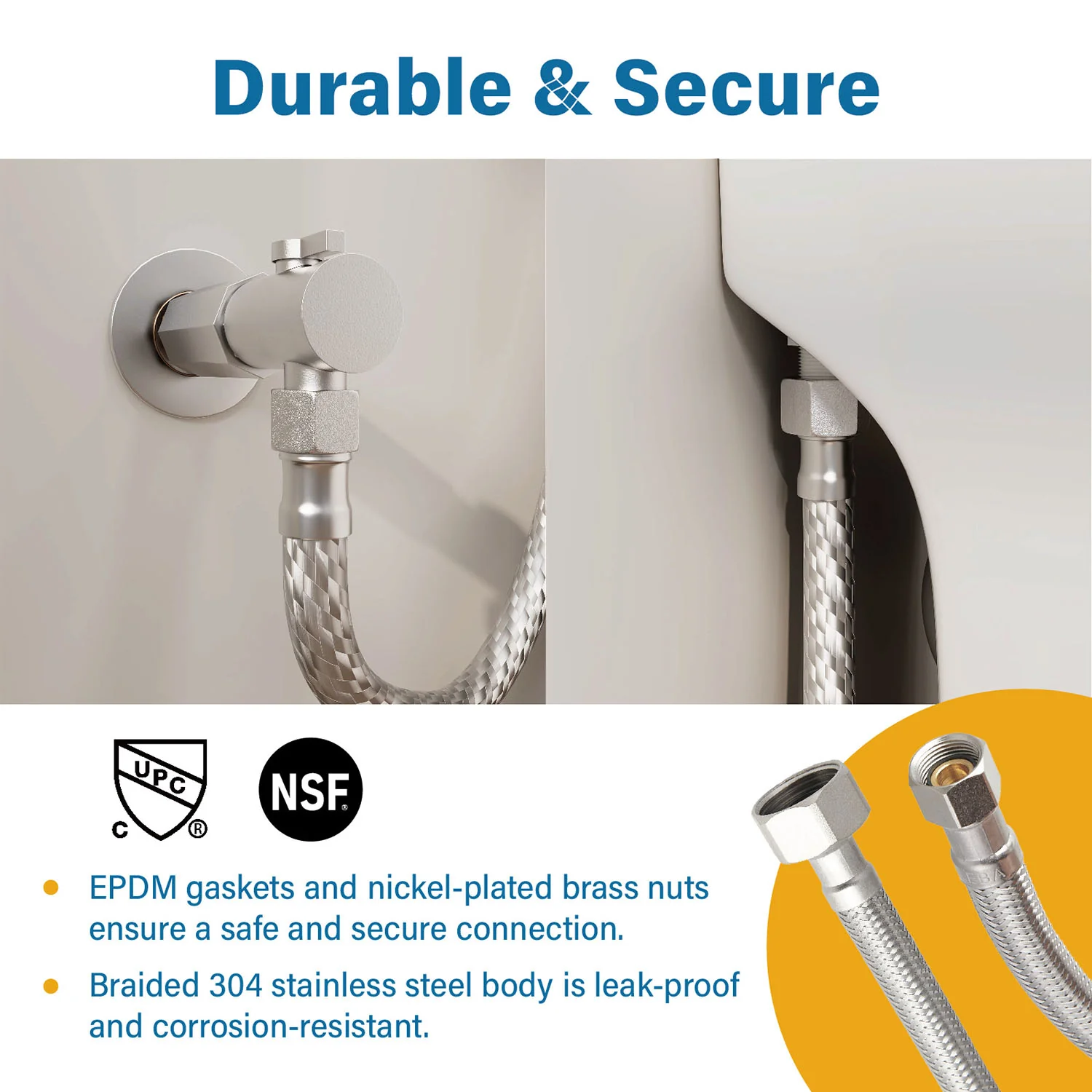 4PCS 12" Stainless Steel Toilet Water Supply Line with 3/8" & 7/8" Brass Nut Connectors - Image 5