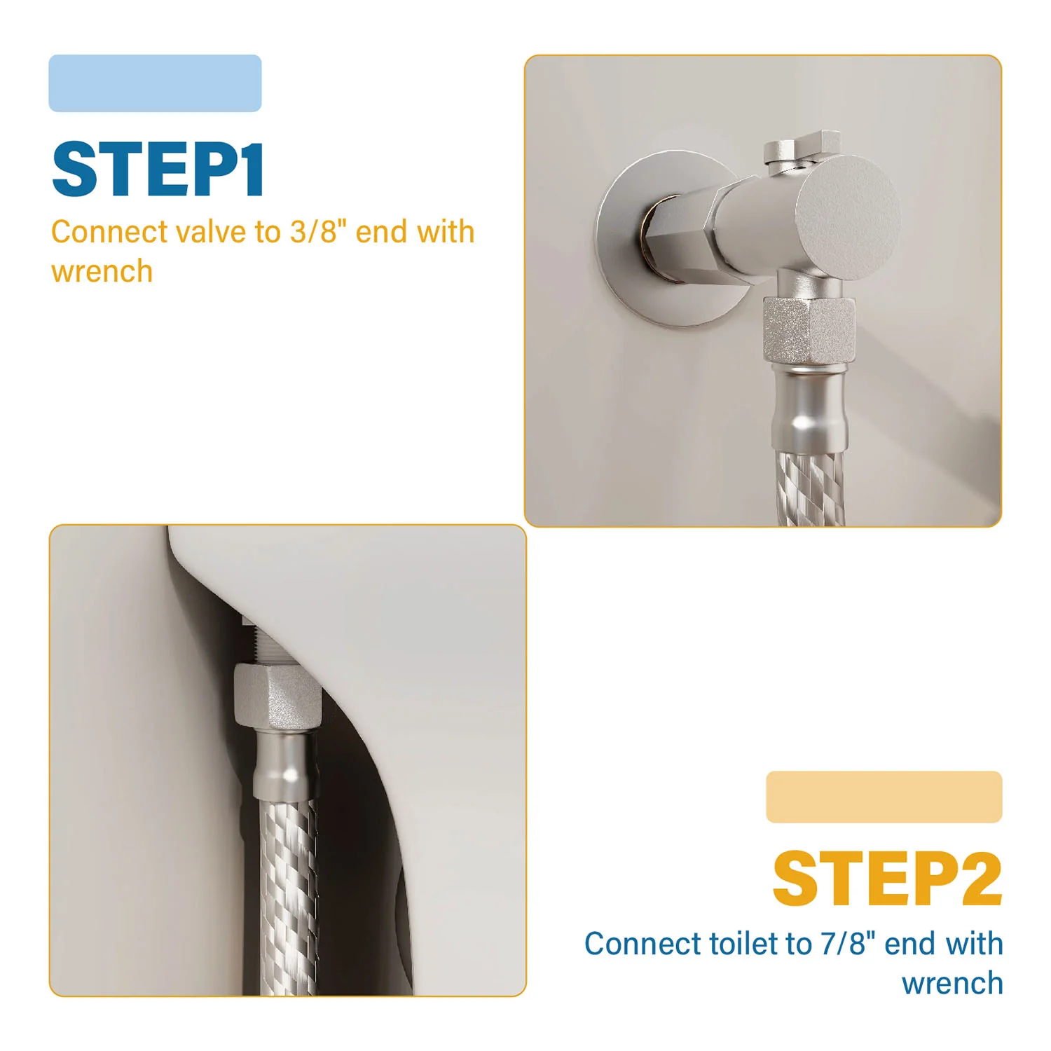 4PCS 12" Stainless Steel Toilet Water Supply Line with 3/8" & 7/8" Brass Nut Connectors - Image 4