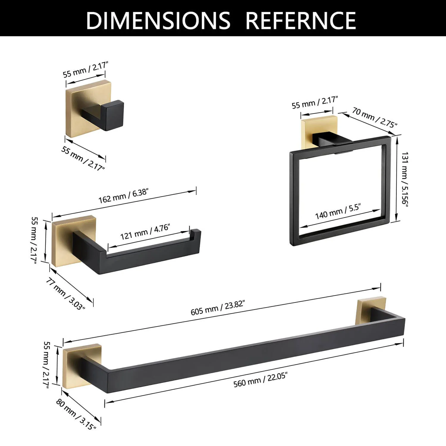 5-Piece Black & Gold Stainless Steel Bathroom Hardware Set - Image 6