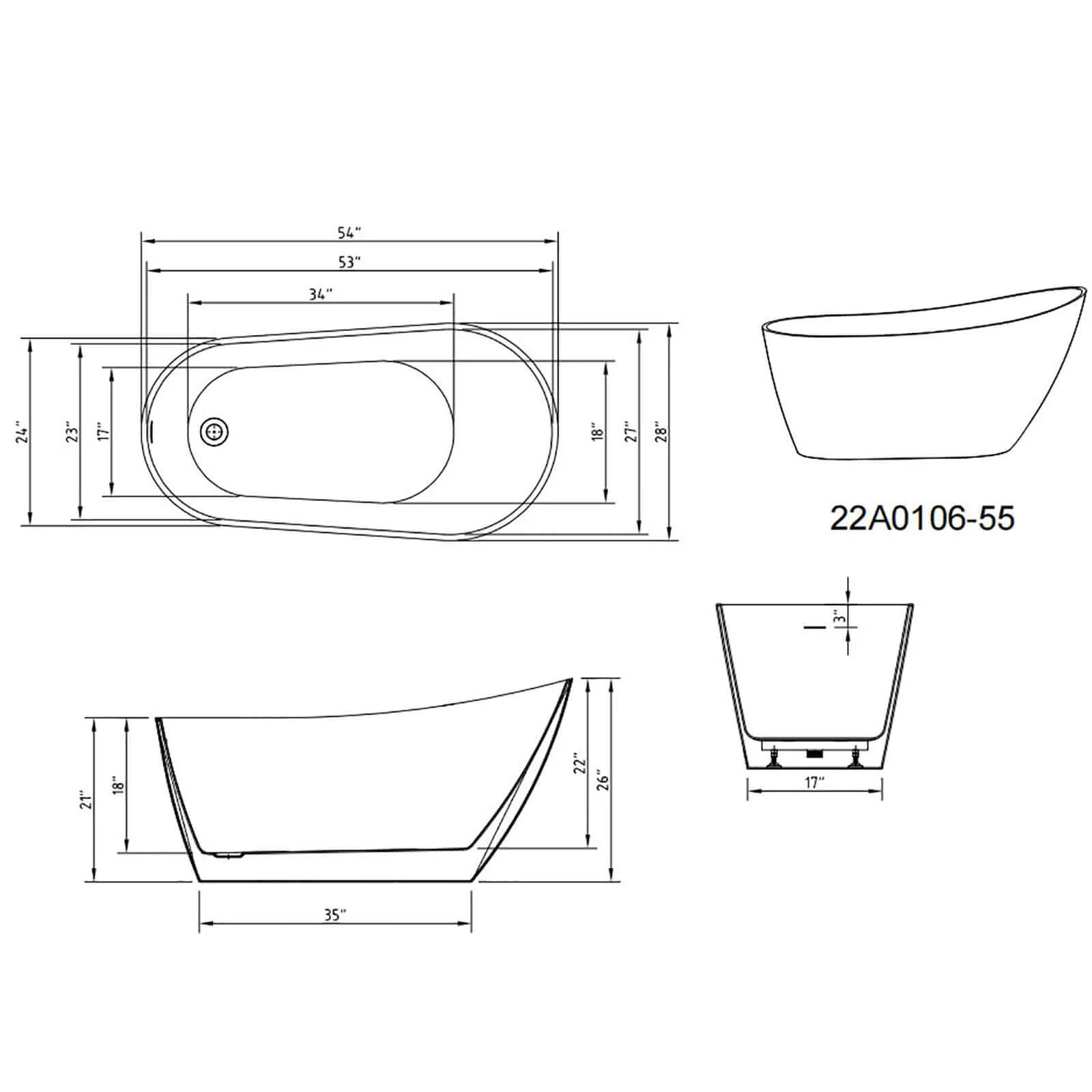54" Acrylic Slipper Freestanding Bathtub - Image 8