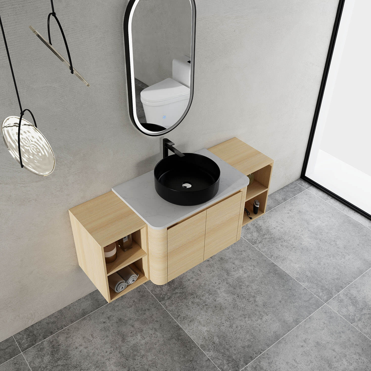54" White Oak Bathroom Vanity with Black Ceramic Vessel Sink and Two Open Shelves - Image 3