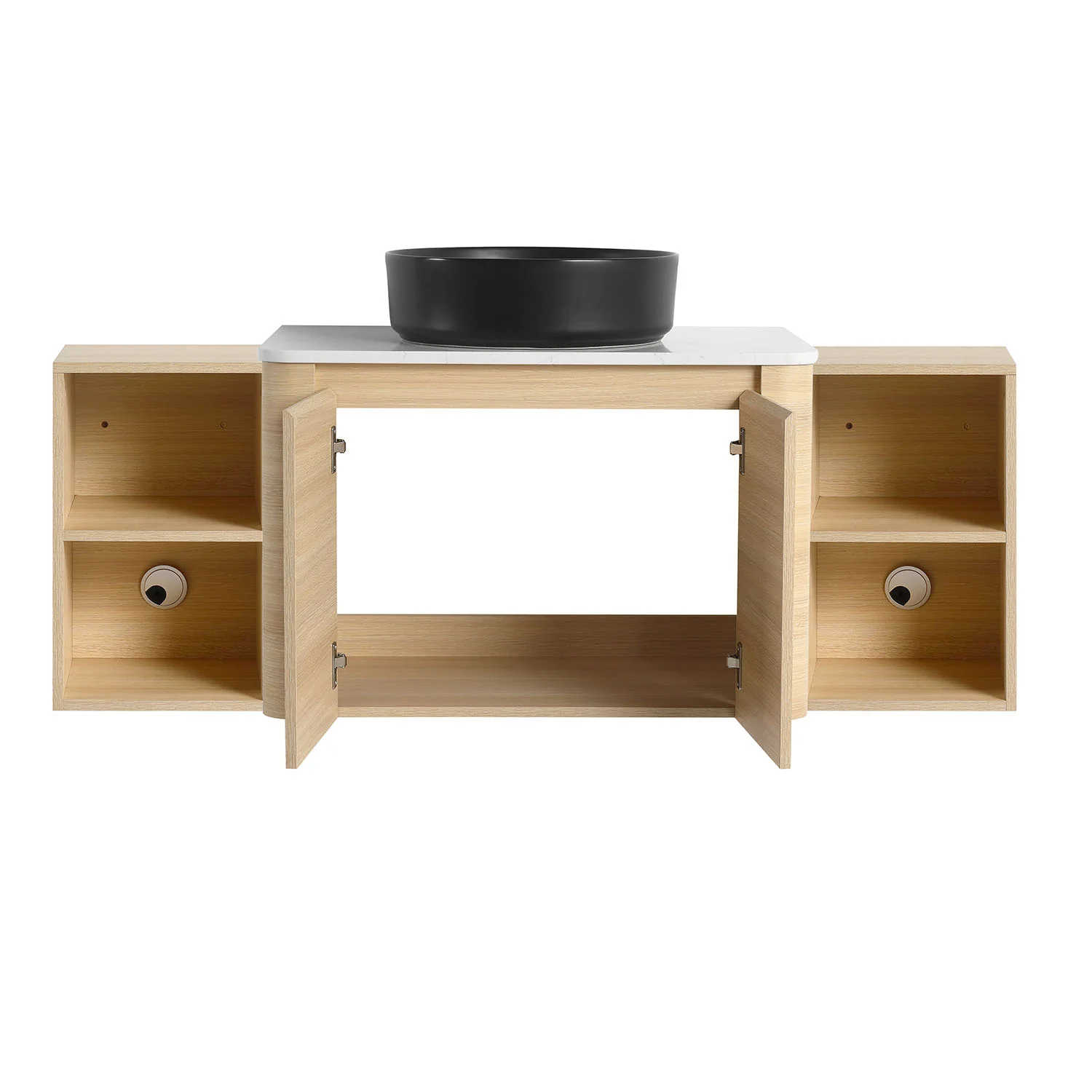 54" White Oak Bathroom Vanity with Black Ceramic Vessel Sink and Two Open Shelves - Image 5