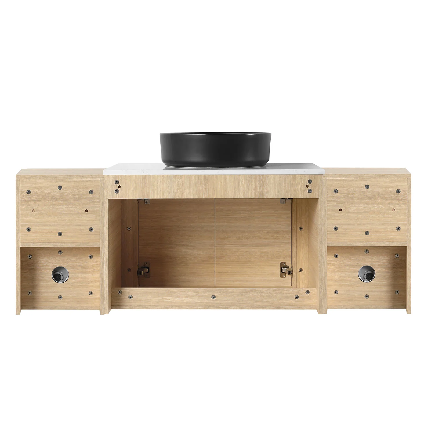 54" White Oak Bathroom Vanity with Black Ceramic Vessel Sink and Two Open Shelves - Image 6